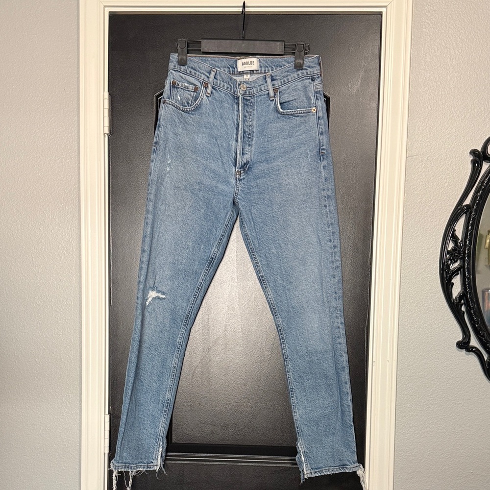 Agolde Straight Leg Vintage Light Blue Jeans with Frayed Hem